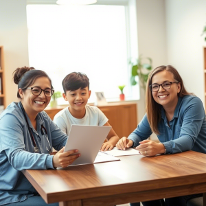 A caregiver sitting at a table with a young adult and their parent, reviewing paperwork and smiling, in a bright, welcoming office setting A caregiver sitting at a table with a young adult and their parent, reviewing paperwork and smiling, in a bright, welcoming office setting