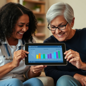 A digital tablet or progress chart showing milestones and achievements, with a care provider and client reviewing it together and smiling. A digital tablet or progress chart showing milestones and achievements, with a care provider and client reviewing it together and smiling.