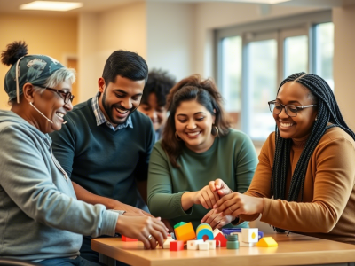 A small group of individuals with disabilities smiling and working together on a life skills activity with a caring coach 3