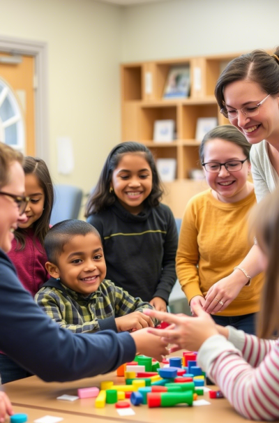 A small group of individuals with disabilities smiling and working together on a life skills activity with a caring coach.