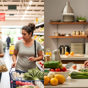 A support worker assisting an individual with grocery shopping or cooking, both focused and engaged in the task. A support worker assisting an individual with grocery shopping or cooking, both focused and engaged in the task.