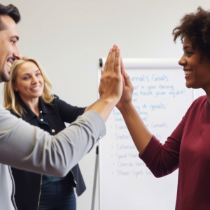 A whiteboard or clipboard with handwritten goals, next to a support coach and client high-fiving in a supportive learning environment. A whiteboard or clipboard with handwritten goals, next to a support coach and client high-fiving in a supportive learning environment.